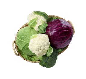 Photo of Wicker tray with different types of fresh cabbage on white background, top view