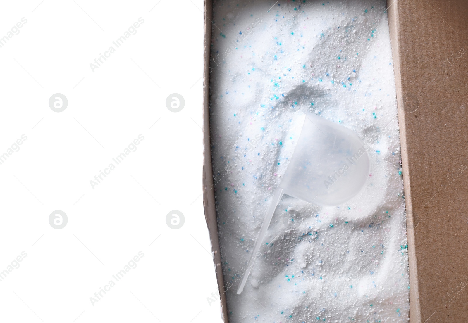 Photo of Open box with laundry powder and measuring spoon isolated on white, top view