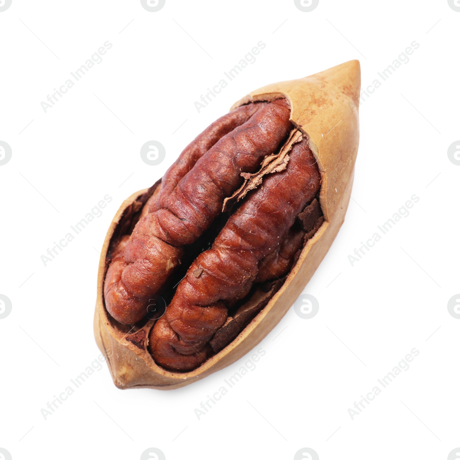 Photo of Tasty pecan nut with shell isolated on white, top view