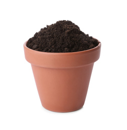 Photo of Terracotta flower pot with soil isolated on white