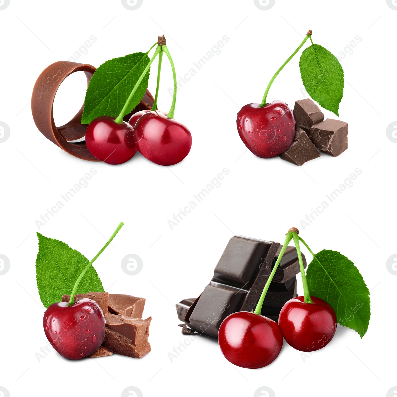 Image of Fresh cherries, pieces and curls of chocolate isolated on white, collage