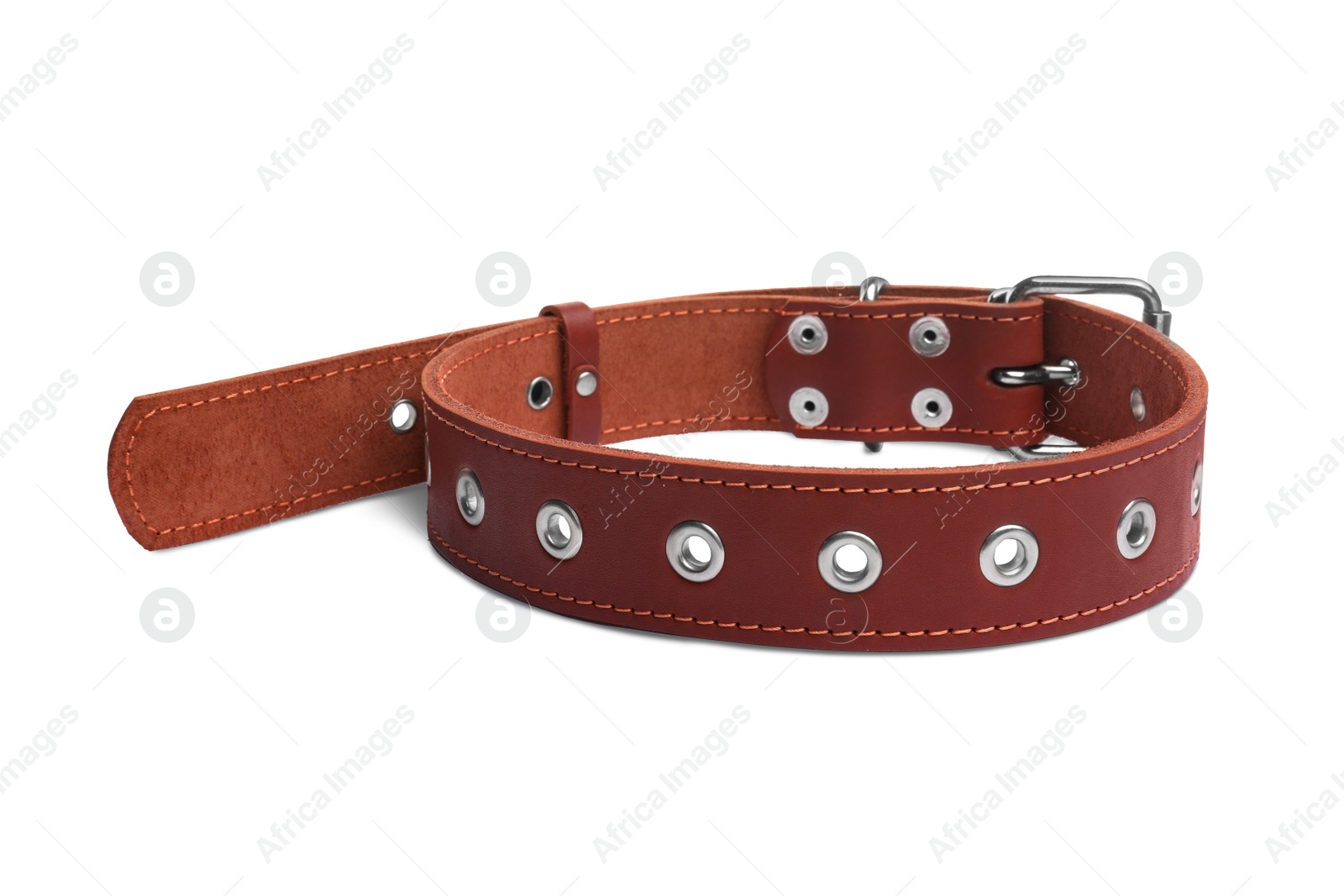 Photo of Brown leather dog collar isolated on white