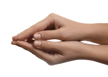 Photo of Woman holding something in hands on white background, closeup