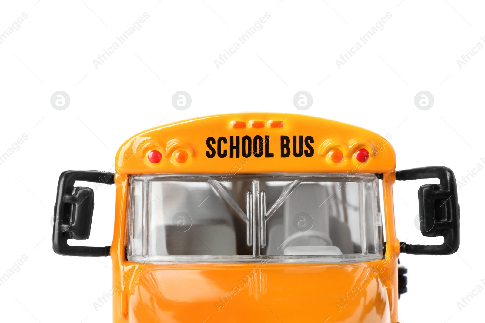 Photo of Yellow school bus on white background, closeup. Transport for students