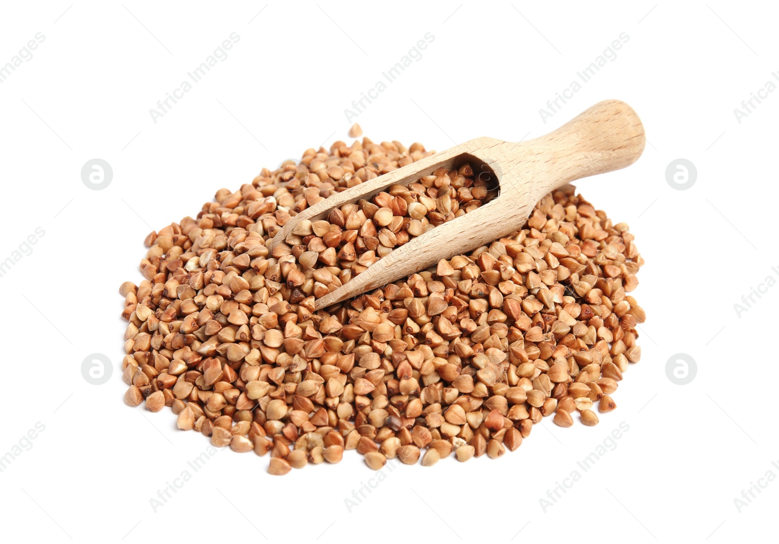 Photo of Scoop and pile of uncooked buckwheat on white background