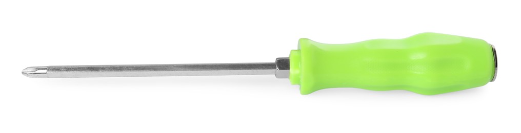 Photo of One screwdriver with green handle isolated on white