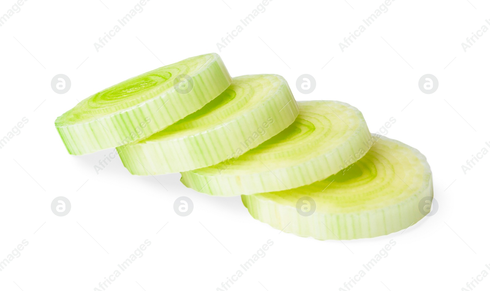 Photo of Fresh raw leek slices on white background. Ripe onion