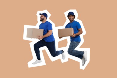 Happy couriers with parcels on beige background