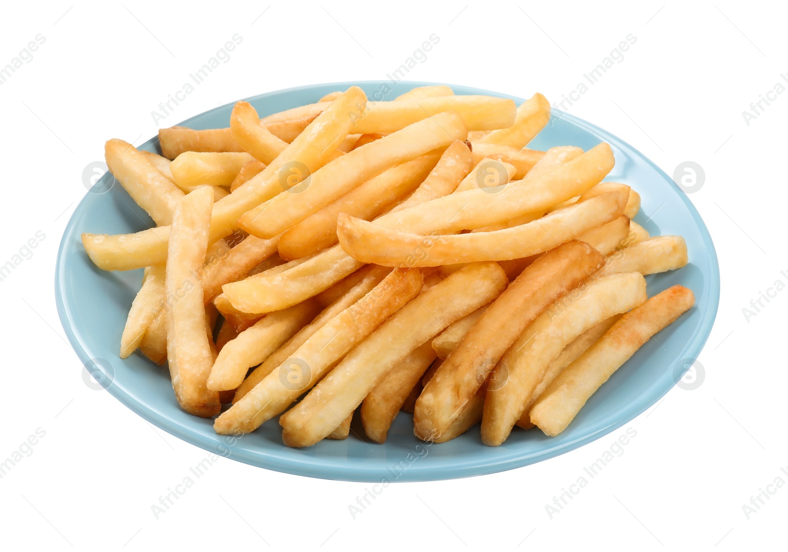 Photo of Plate of delicious french fries on white background