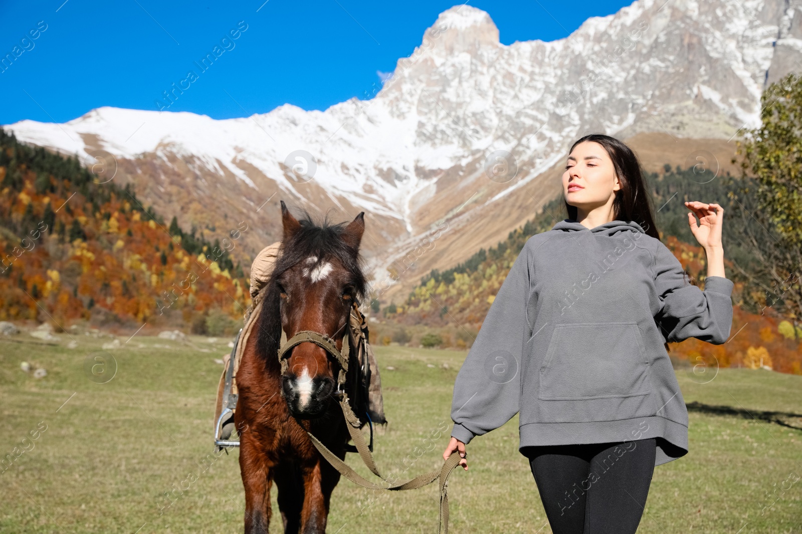 Photo of Young woman walking with horse in mountains on sunny day. Beautiful pet