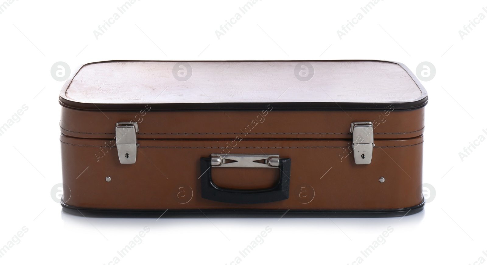 Photo of Classic brown suitcase on white background