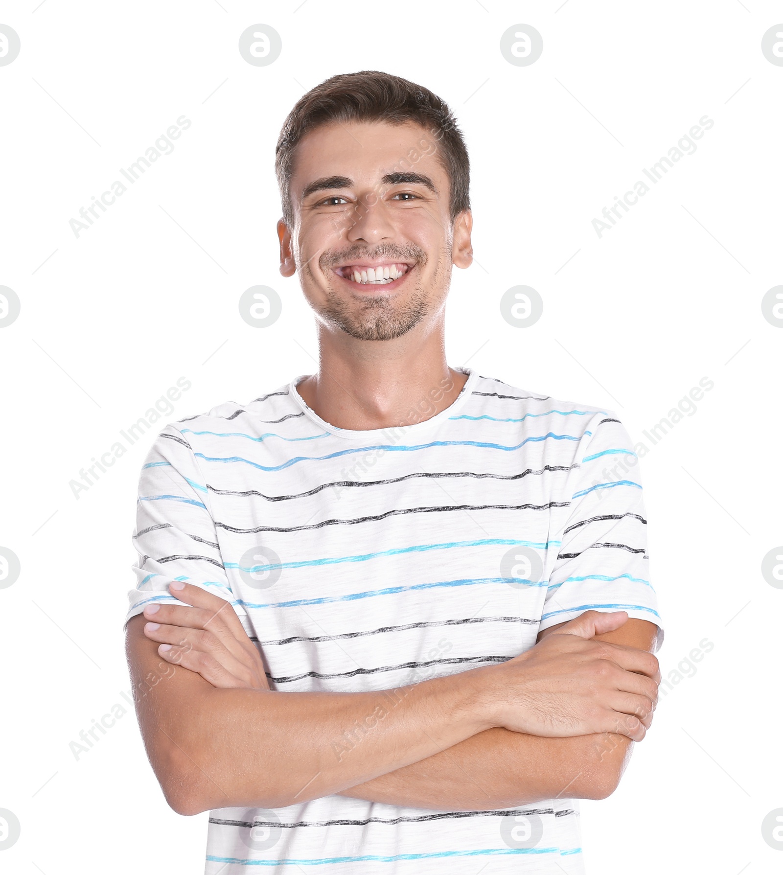 Photo of Portrait of handsome young man smiling on white background