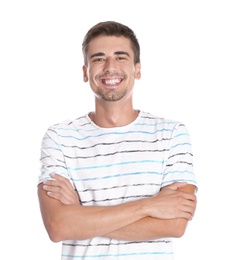 Photo of Portrait of handsome young man smiling on white background