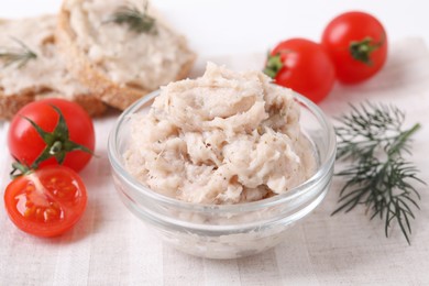 Photo of Delicious lard spread and tomatoes on table
