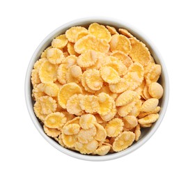 Photo of Bowl of tasty corn flakes isolated on white, top view