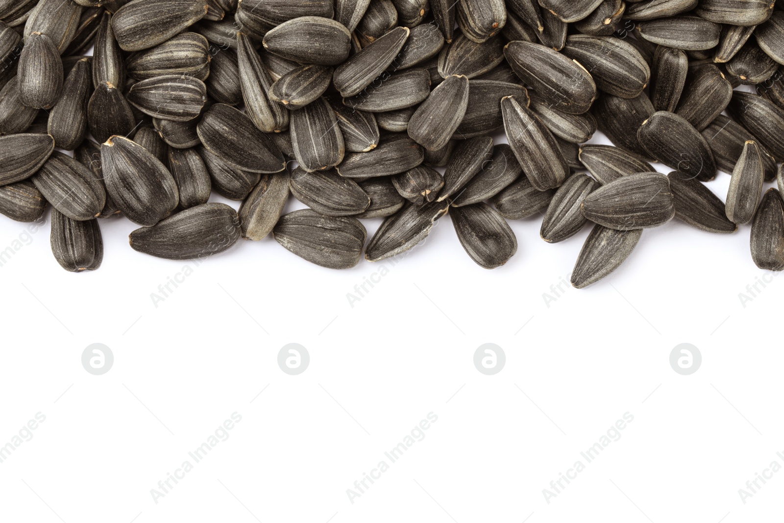 Photo of Raw sunflower seeds on white background, top view