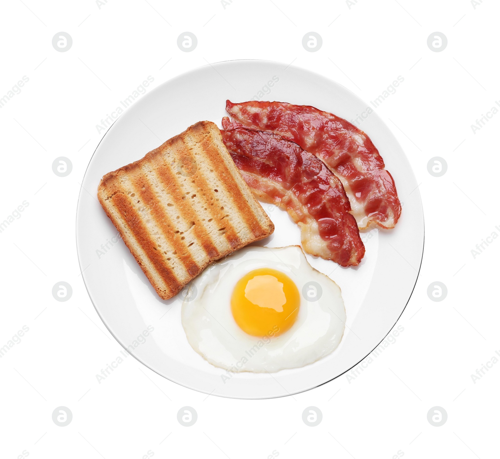 Photo of Plate with delicious fried egg, bacon and toast isolated on white, top view