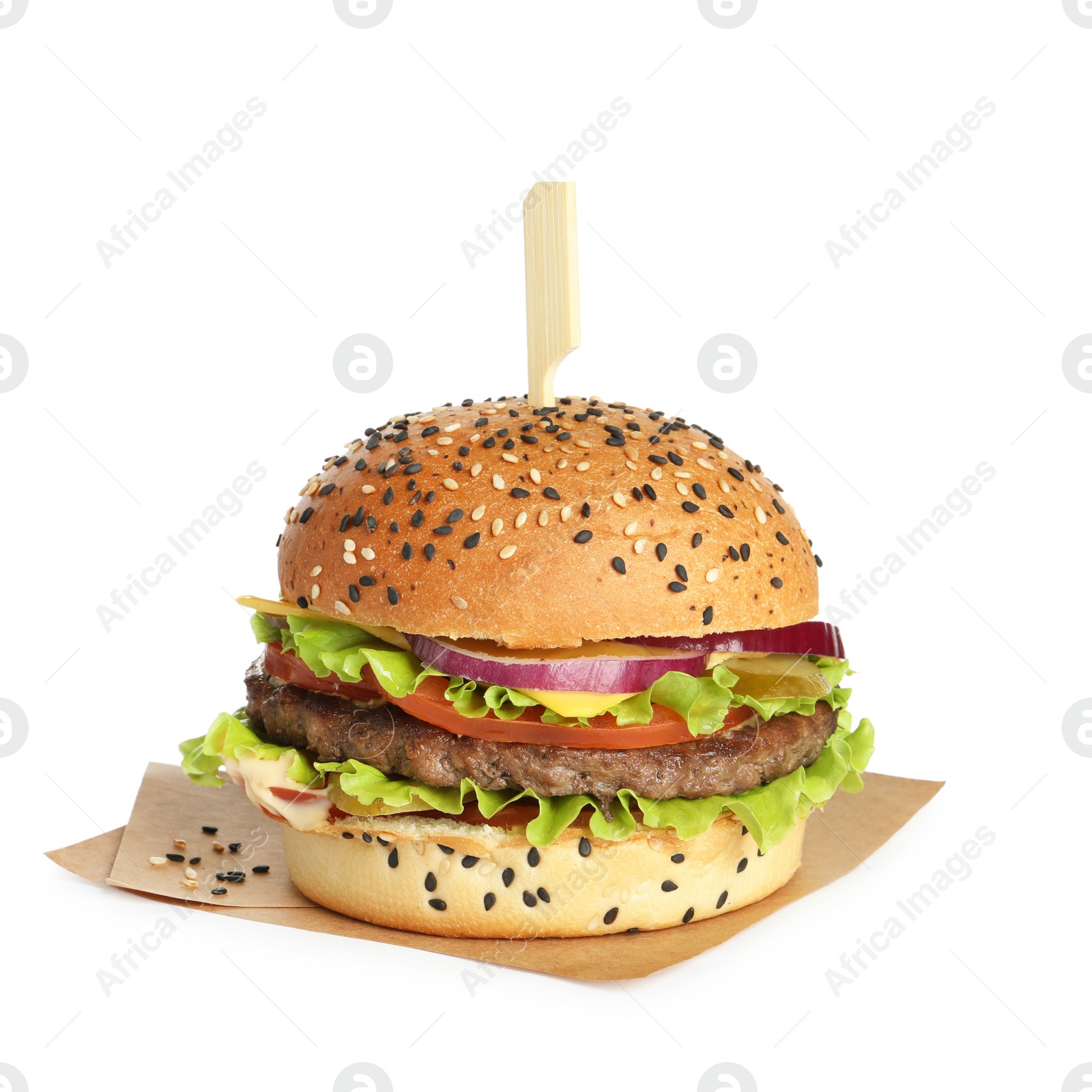Photo of Burger with delicious patty isolated on white