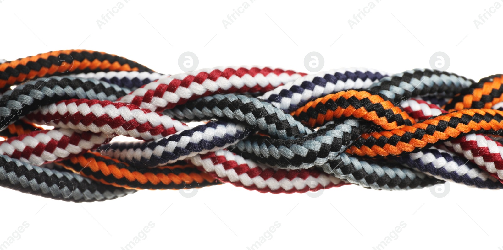 Photo of Braided colorful ropes isolated on white. Unity concept