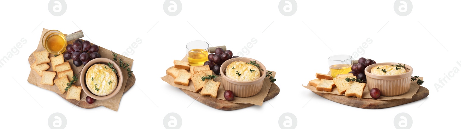 Image of Set of delicious baked camemberts with sides isolated on white