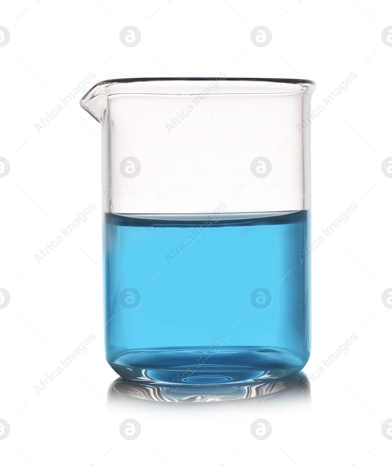 Photo of Beaker with color liquid isolated on white. Solution chemistry