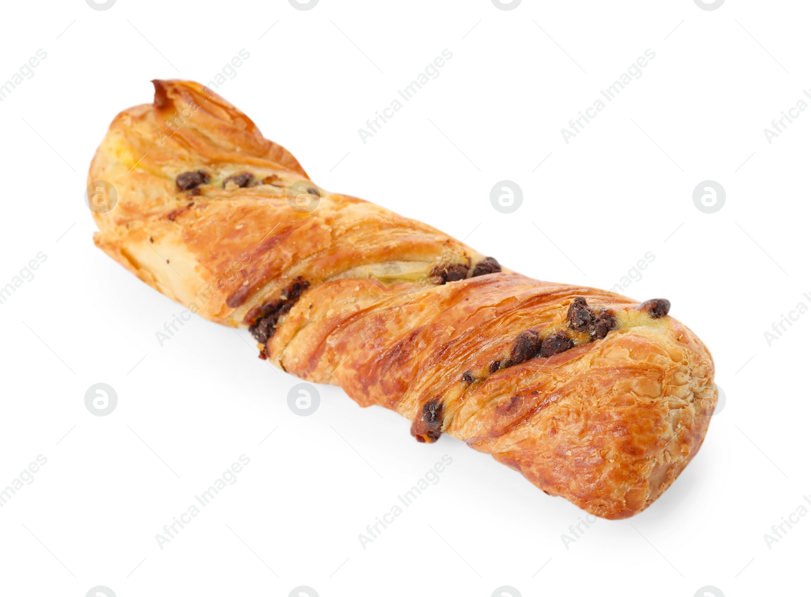 Photo of Tasty sweet bun with raisins isolated on white. Fresh pastry