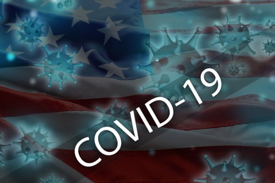 Covid-19 outbreak. Virus covering American flag, double exposure effect