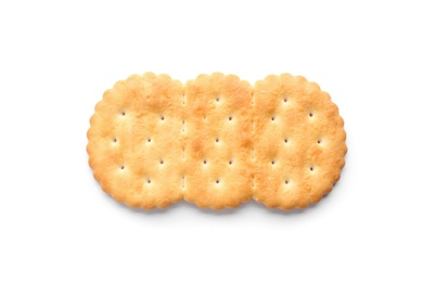 Delicious crispy cracker isolated on white, top view