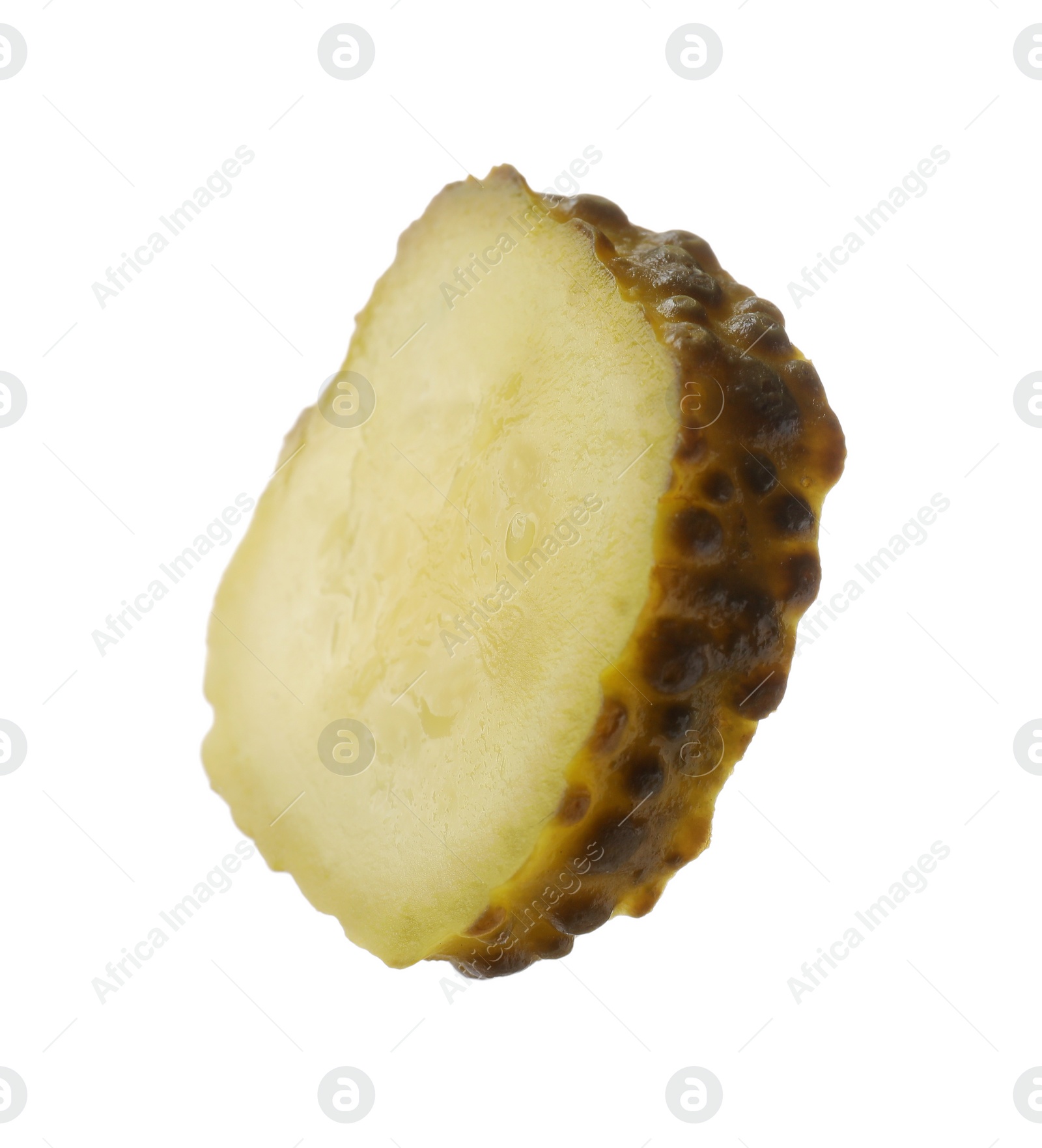 Photo of Slice of pickled cucumber isolated on white