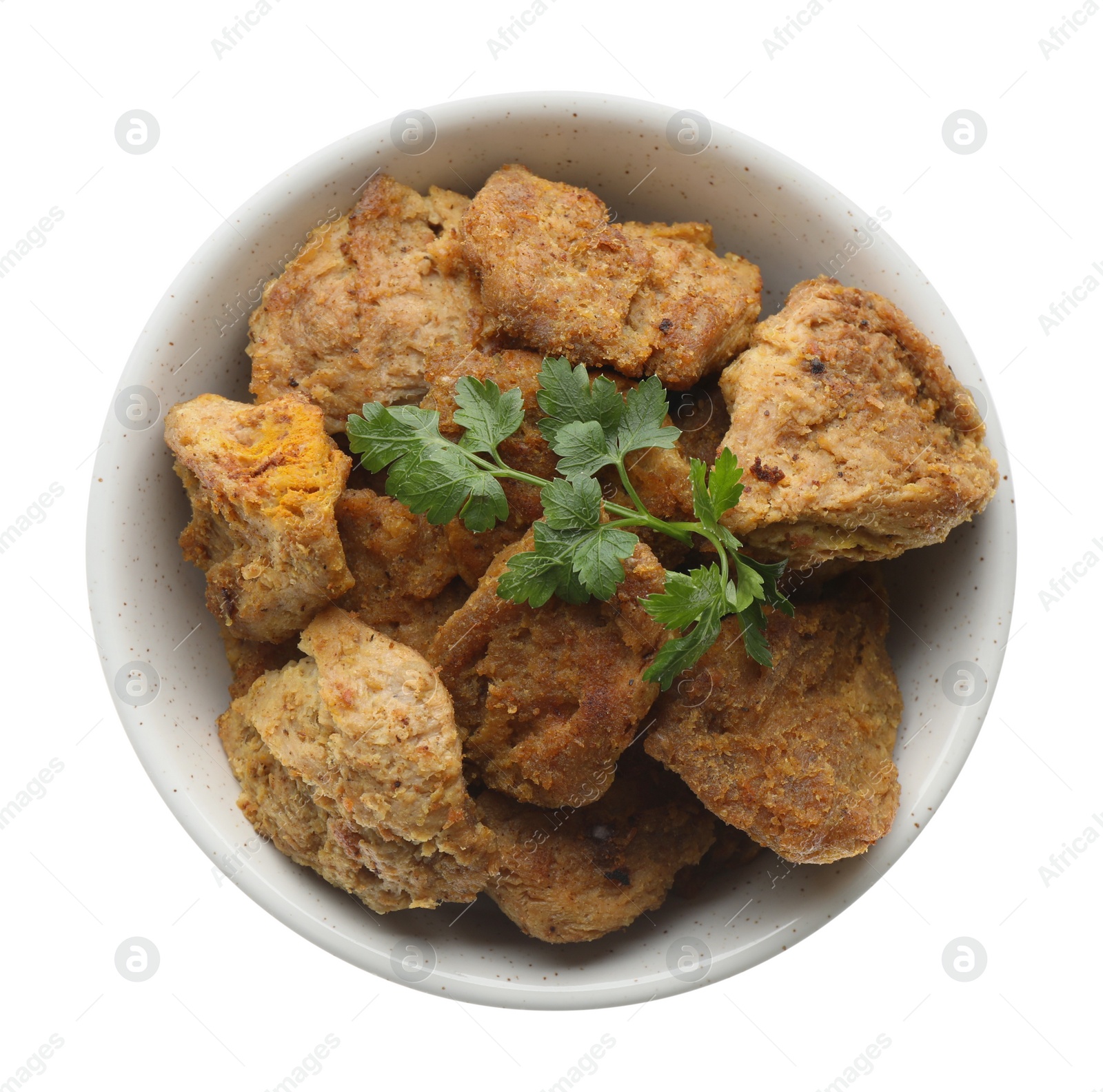 Photo of Delicious cooked soy meat with parsley in bowl on white background, top view