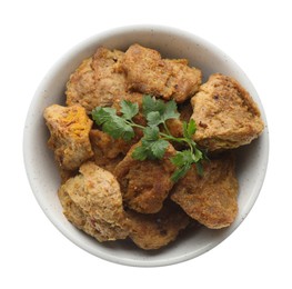 Delicious cooked soy meat with parsley in bowl on white background, top view