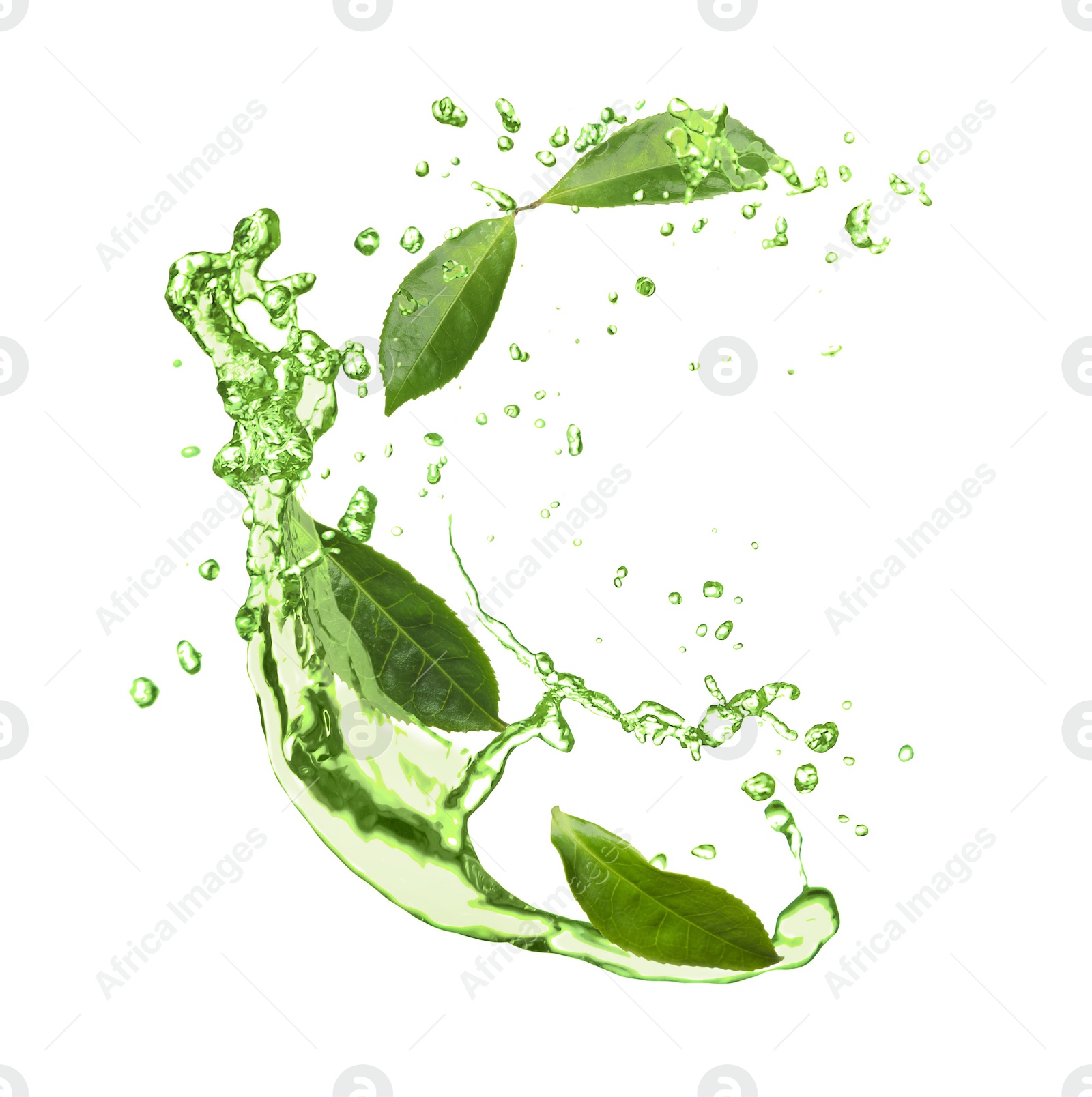 Image of Splashes of refreshing drink with leaves on white background. Green or matcha tea