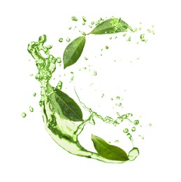 Image of Splashes of refreshing drink with leaves on white background. Green or matcha tea