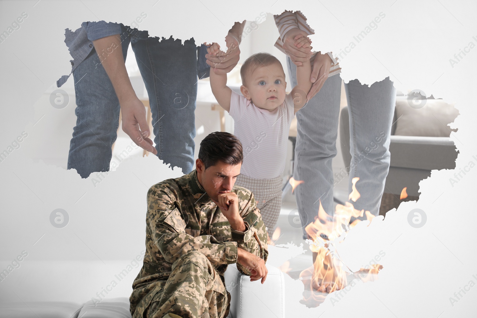 Image of Ukrainian defender worrying about his family. Stay strong Ukraine