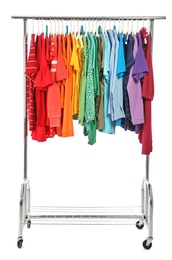 Wardrobe rack with different colorful clothes on white background