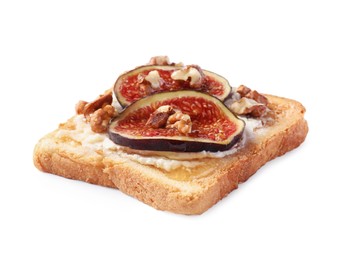 Photo of Delicious toast with cream cheese, sliced figs and nuts isolated on white