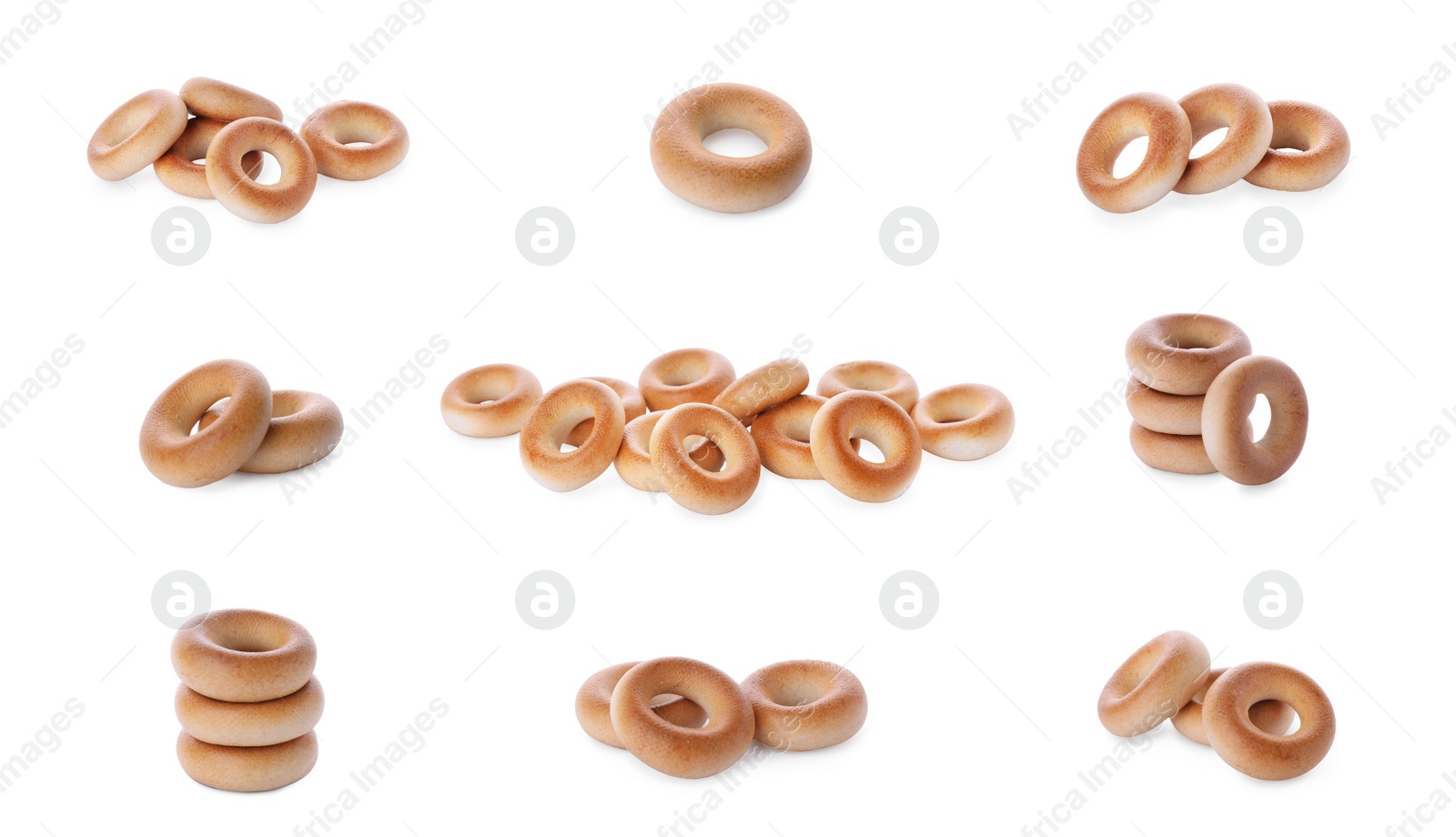 Image of Collage with delicious ring shaped Sushki (dry bagels) on white background