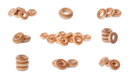 Image of Collage with delicious ring shaped Sushki (dry bagels) on white background