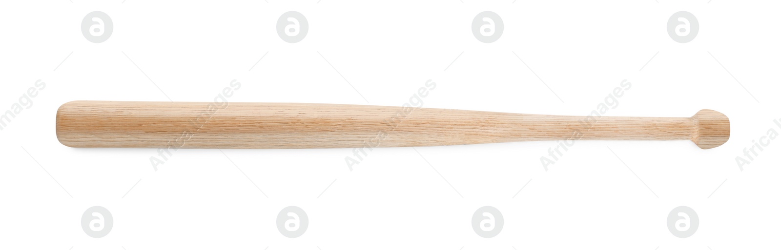 Photo of Wooden baseball bat isolated on white, top view. Sports equipment