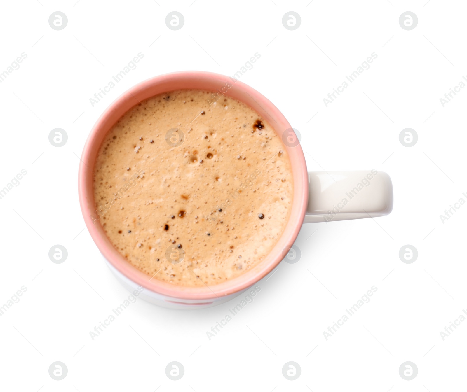 Photo of Aromatic coffee in cup isolated on white, top view