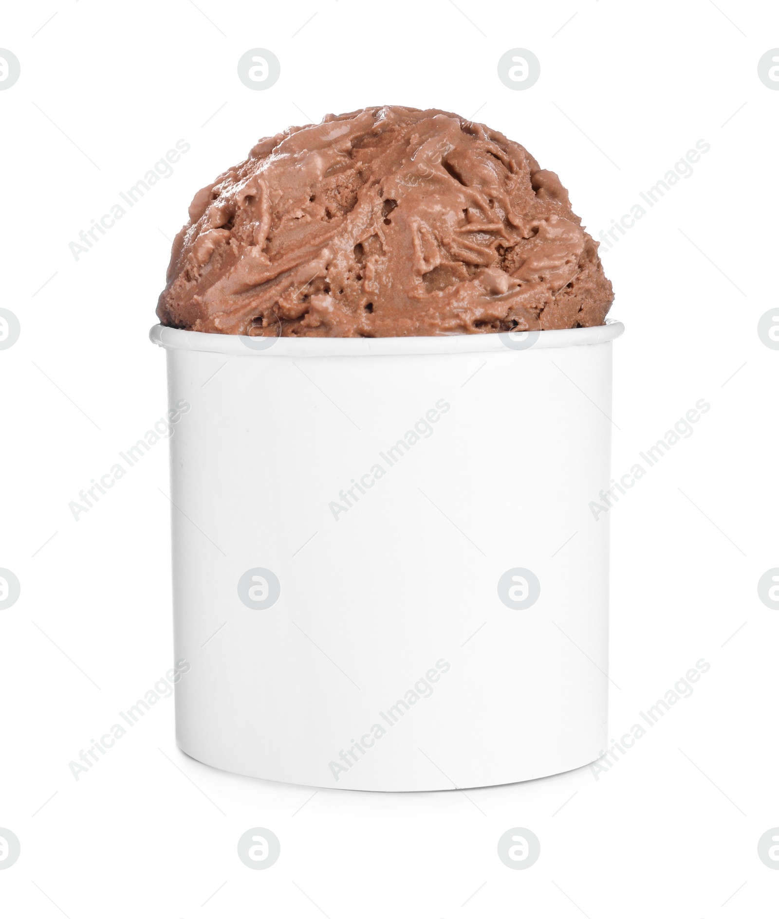 Photo of Delicious chocolate ice cream in paper cup isolated on white