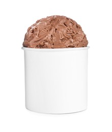 Photo of Delicious chocolate ice cream in paper cup isolated on white