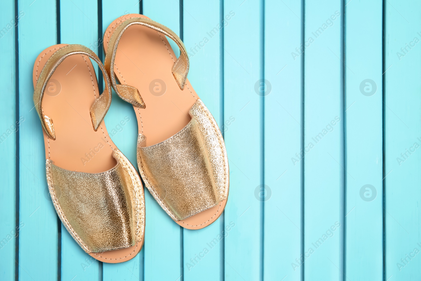 Photo of Pair of female shoes on wooden background