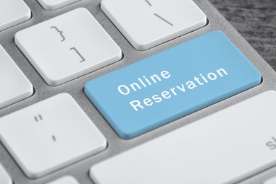 Image of Light blue button with text Online Reservation on keyboard, closeup view