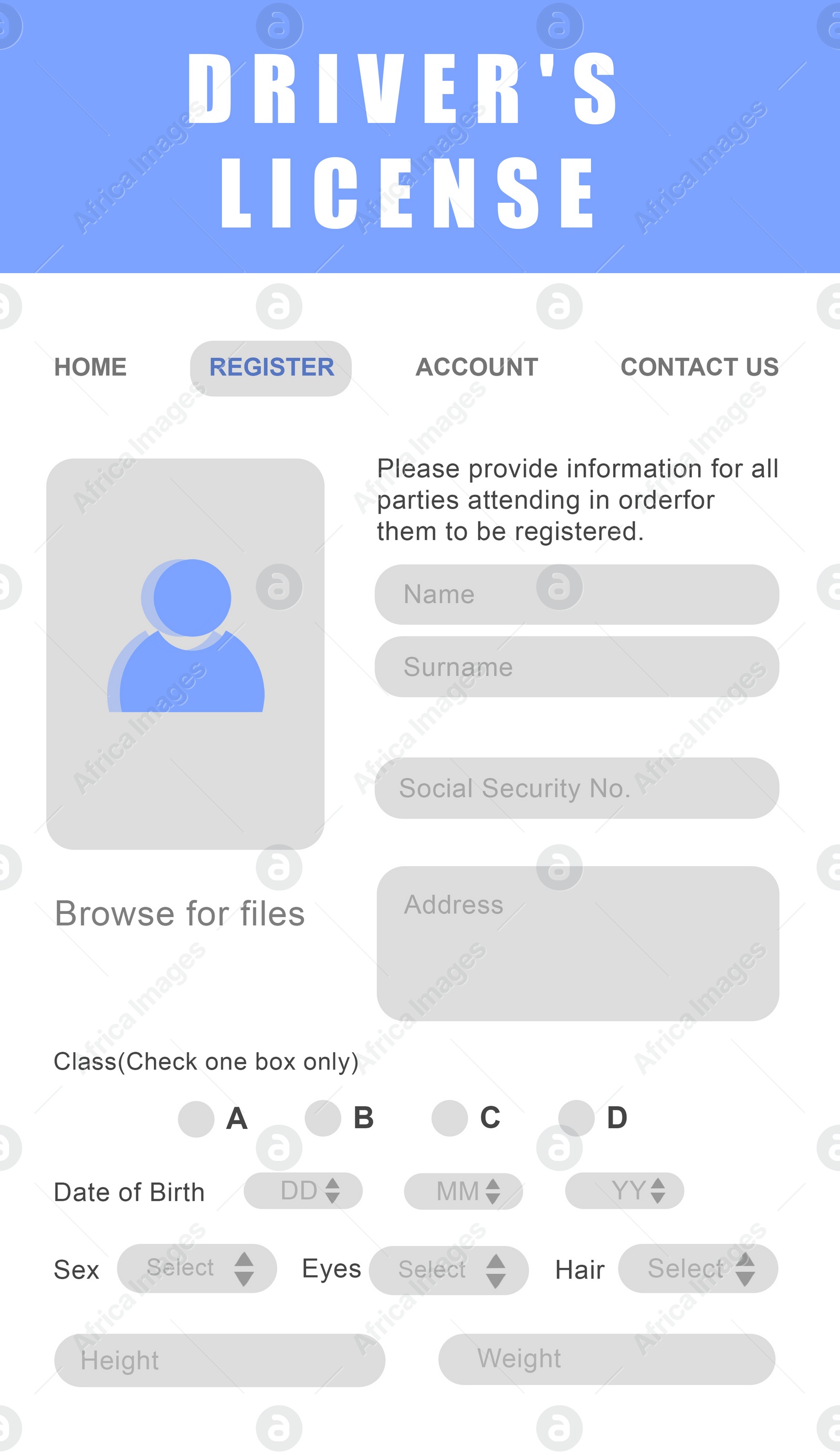 Image of Website page with Driver's license application form