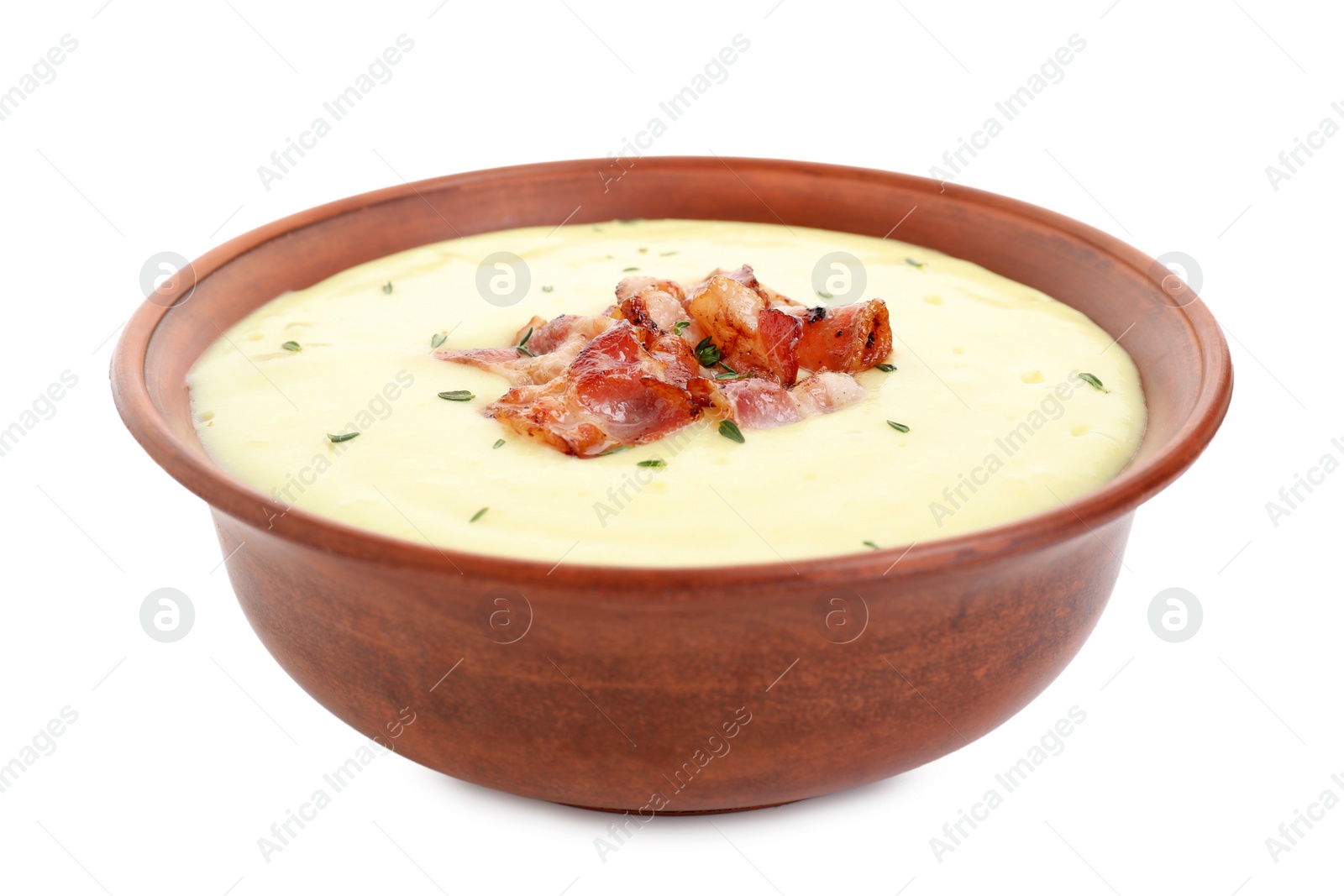 Photo of Tasty potato soup with bacon and rosemary in bowl isolated on white