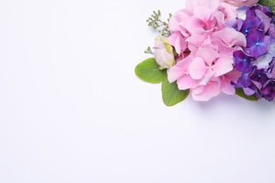 Photo of Beautiful composition with hortensia flowers on white background, flat lay. Space for text