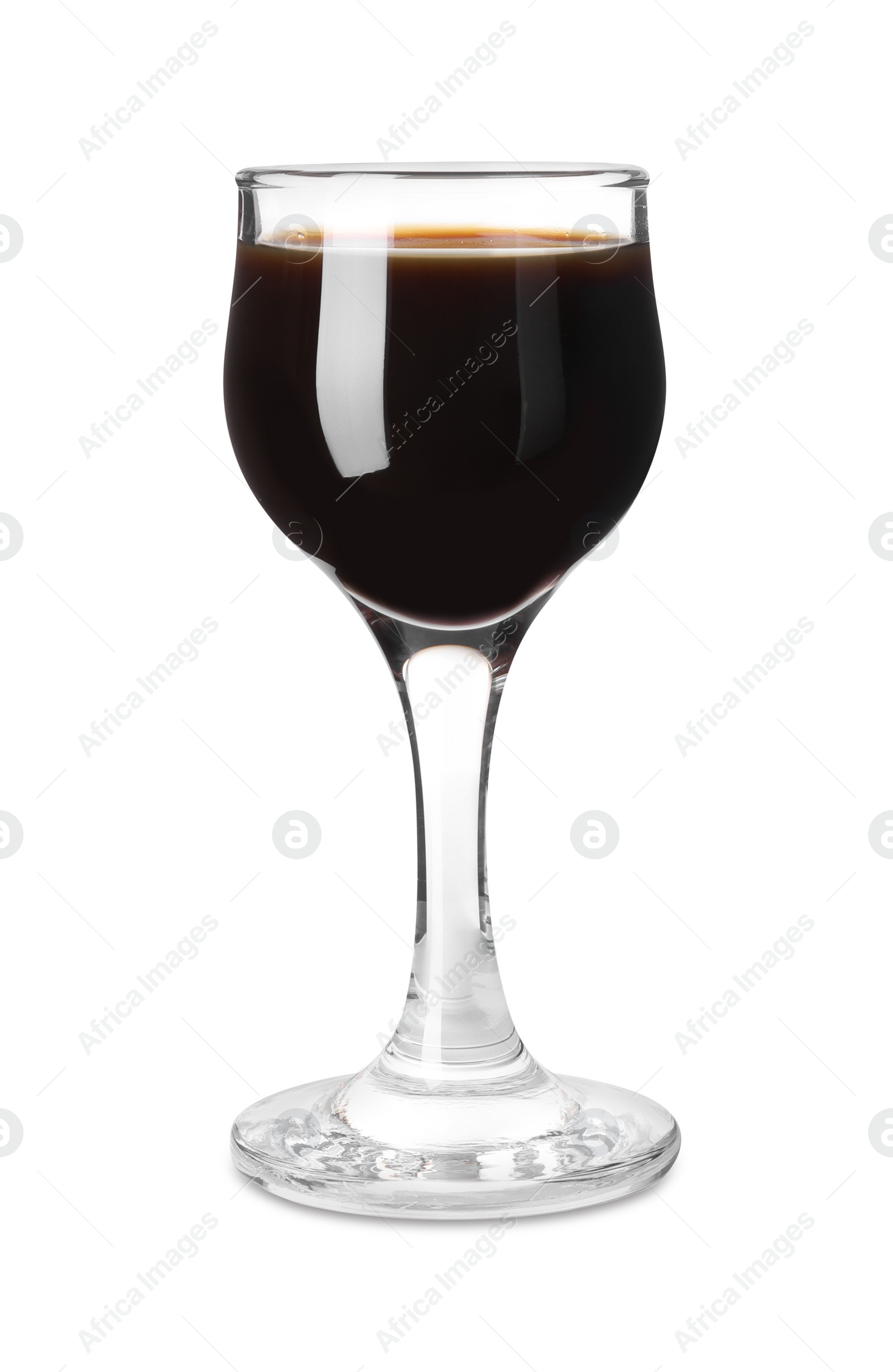 Photo of Shot glass with coffee liqueur isolated on white