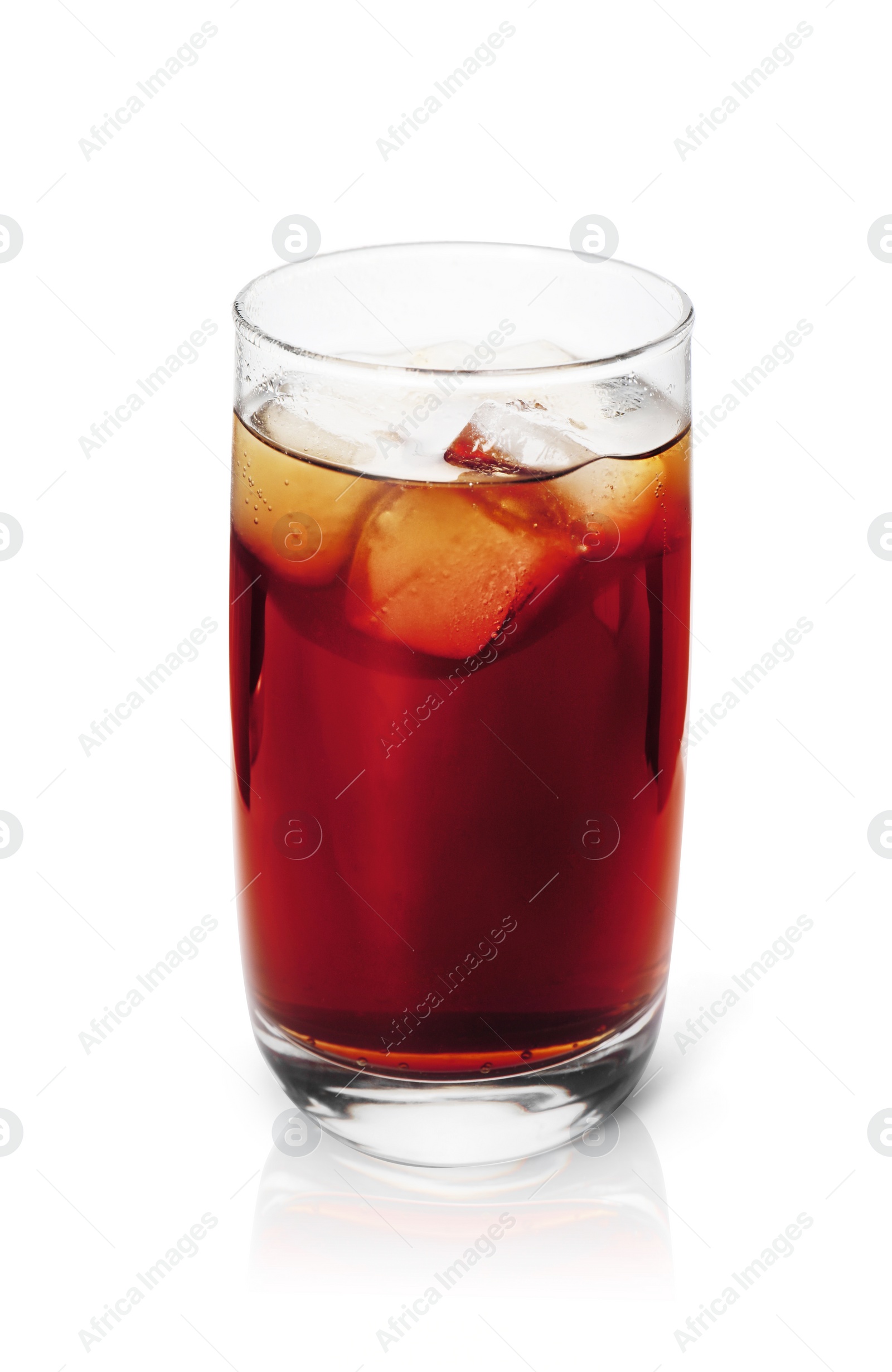 Photo of Glass of refreshing soda water with ice cubes isolated on white