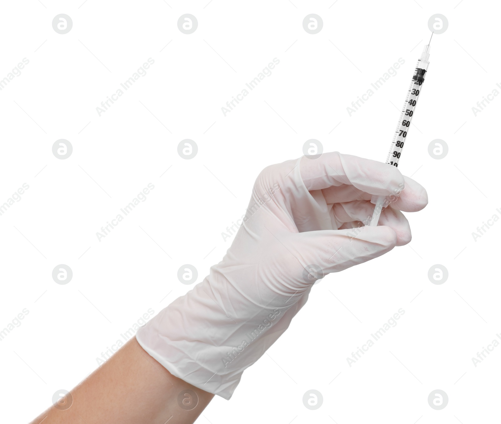 Photo of Doctor holding medical syringe on white background, closeup